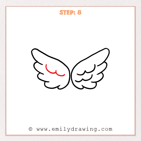 how to draw an angel wings - Step 8: Matching inner feather curves are added inside the left angel wing.